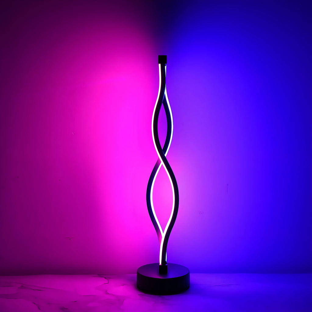 Black aluminium desktop table lamp with dimming button and touch controls.