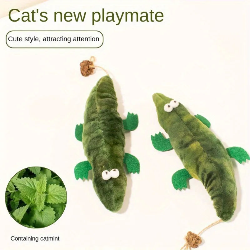 Green plush alligator catnip toy with textured scales and long tail for feline play