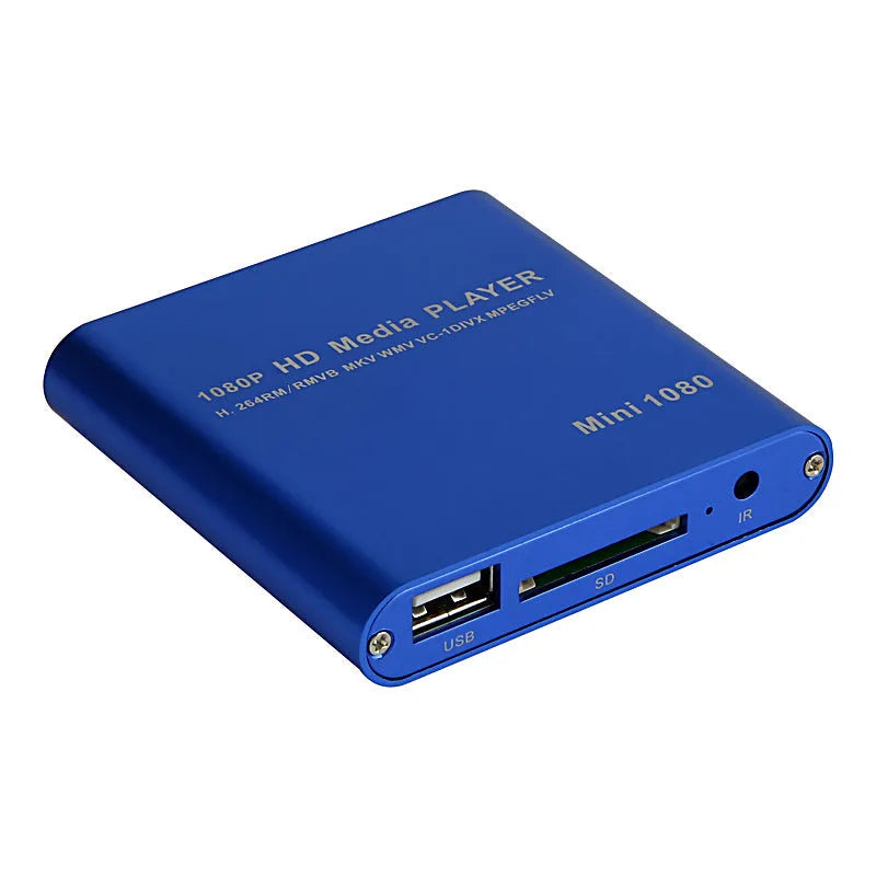 Blue and black 1080P Full HD media player with HDMI port, compact all-metal design.