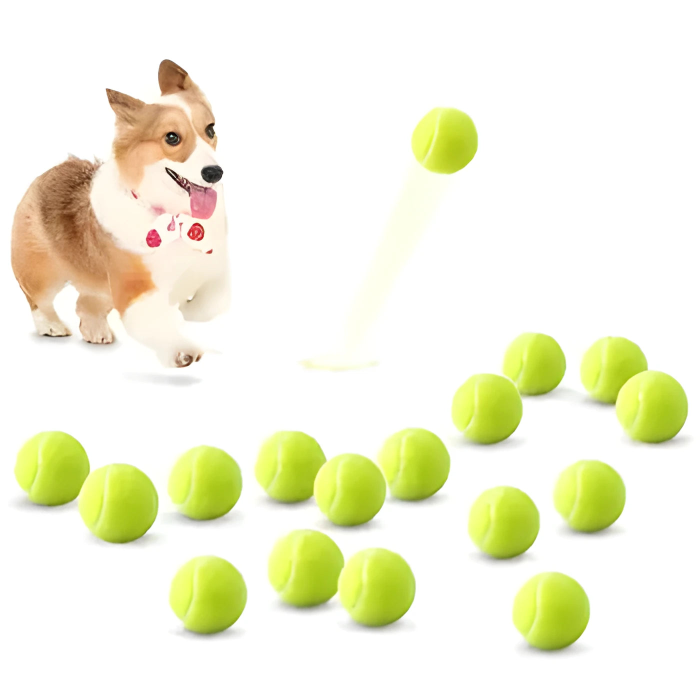 6.3cm diameter rubber dog tennis ball in assorted colours including blue, pink and green.
