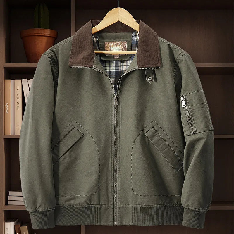 Men's plus size washed cotton flight jacket shown in camel colour.