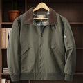 Men's plus size washed cotton flight jacket shown in camel colour.