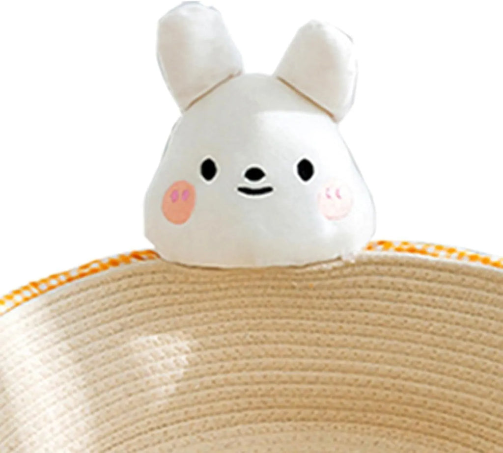 Woven cotton rope cat bed basket with integrated scratching surface in rabbit design