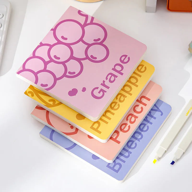 Square notebook with colour embossed fruity design cover, shown with 80g paper pages.
