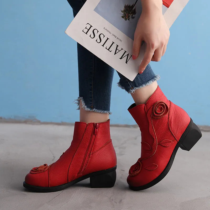 Handmade genuine leather ethnic Martin boots with chunky heel, waterproof platform, and flower embossing in red colour