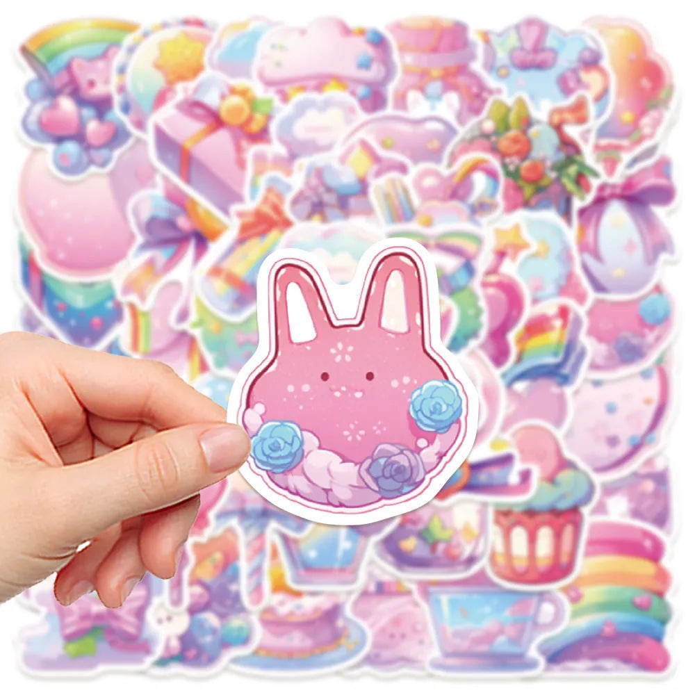 Pack of fresh candy themed cute waterproof decorative stickers, showing varied small object designs between 4 and 7 cm in size.