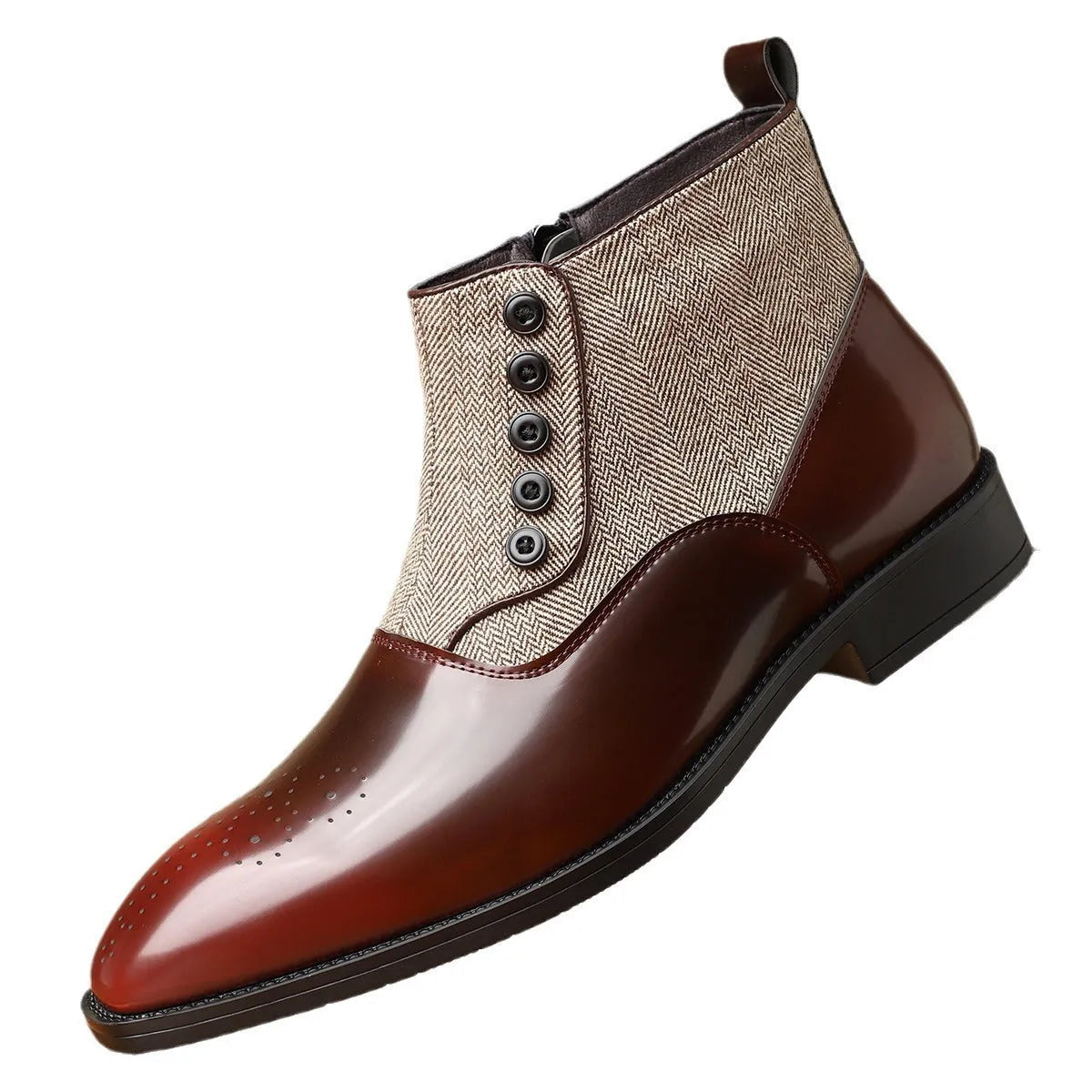 Brown retro-style men's formal business shoes with a side zip and square toe.