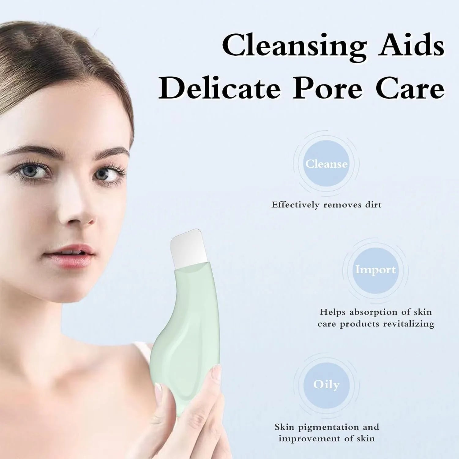Stainless steel blackhead scraper tool with non-slip handle for facial pore cleansing.
