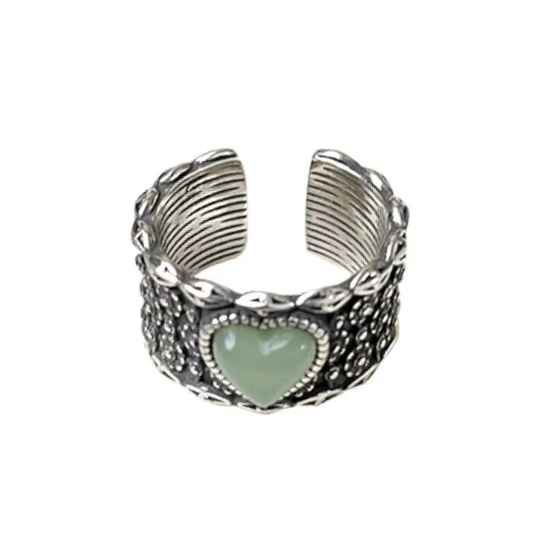 Retro wide-faced white moonlight open heart ring with adjustable opening in silver-plated white copper