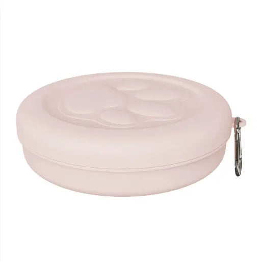 Portable dog bowl with snack box compartment in two-tone light green colour