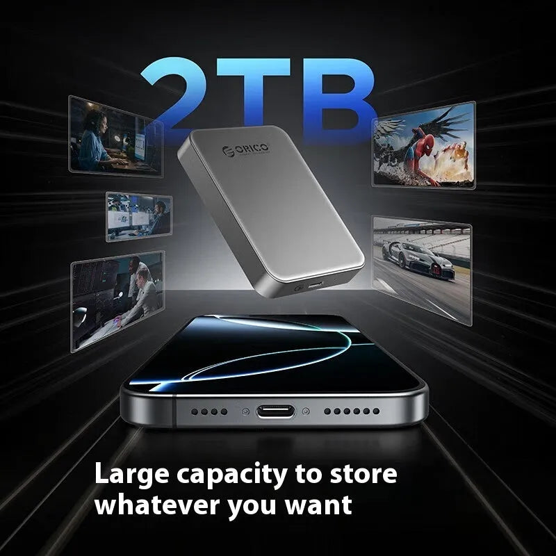 Grey alloy plastic magnetic mobile SSD external hard drive with C to C cable and magnetic ring.