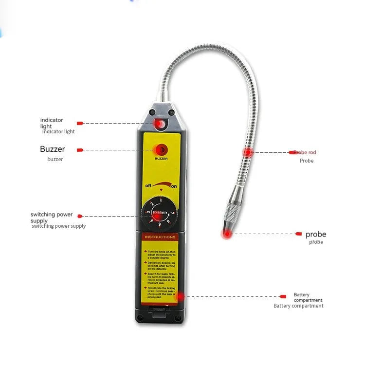WJL-6000 electronic halogen leak detector with extended probe on a workshop bench