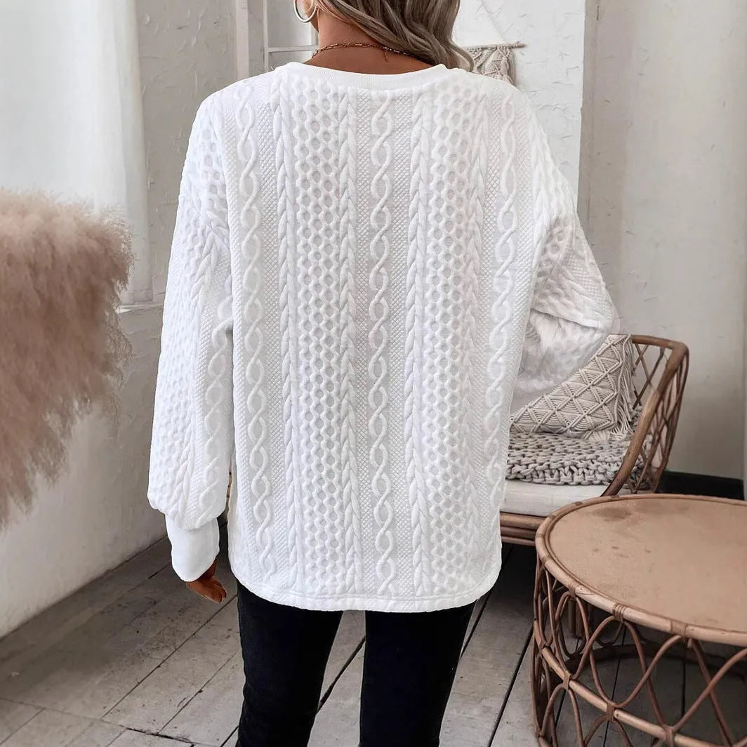 Milky white loose fit long sleeve T-shirt with a 3D pattern on the front
