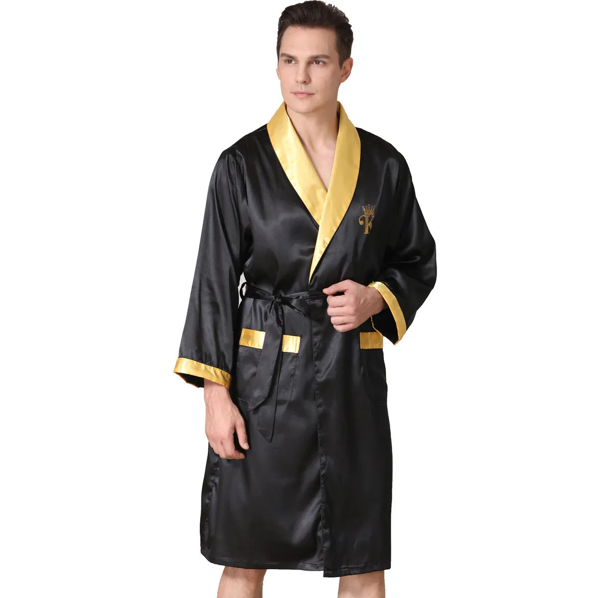 Men's lightweight rayon summer bathrobe nightgown in multiple colour options including red crane design