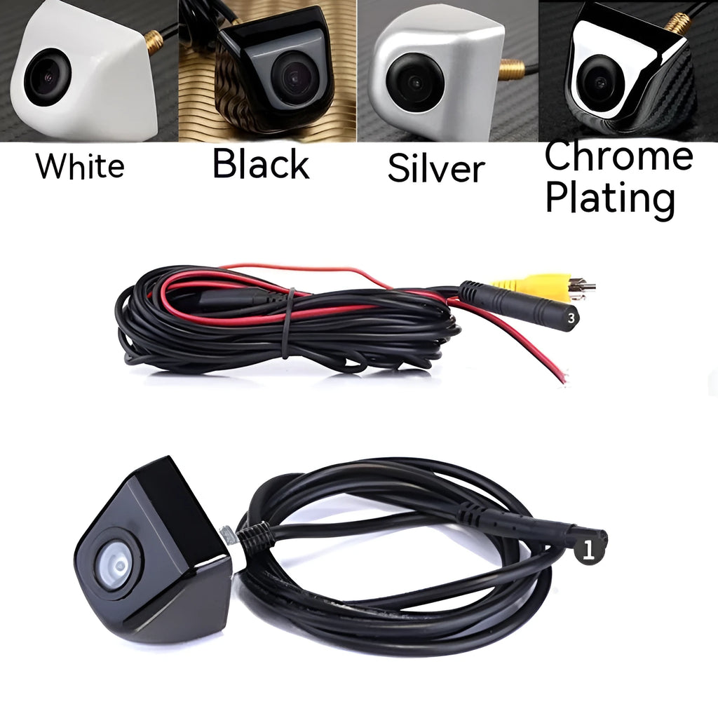 HD car reverse parking camera with metal shell and night vision, shown with integrated cable.