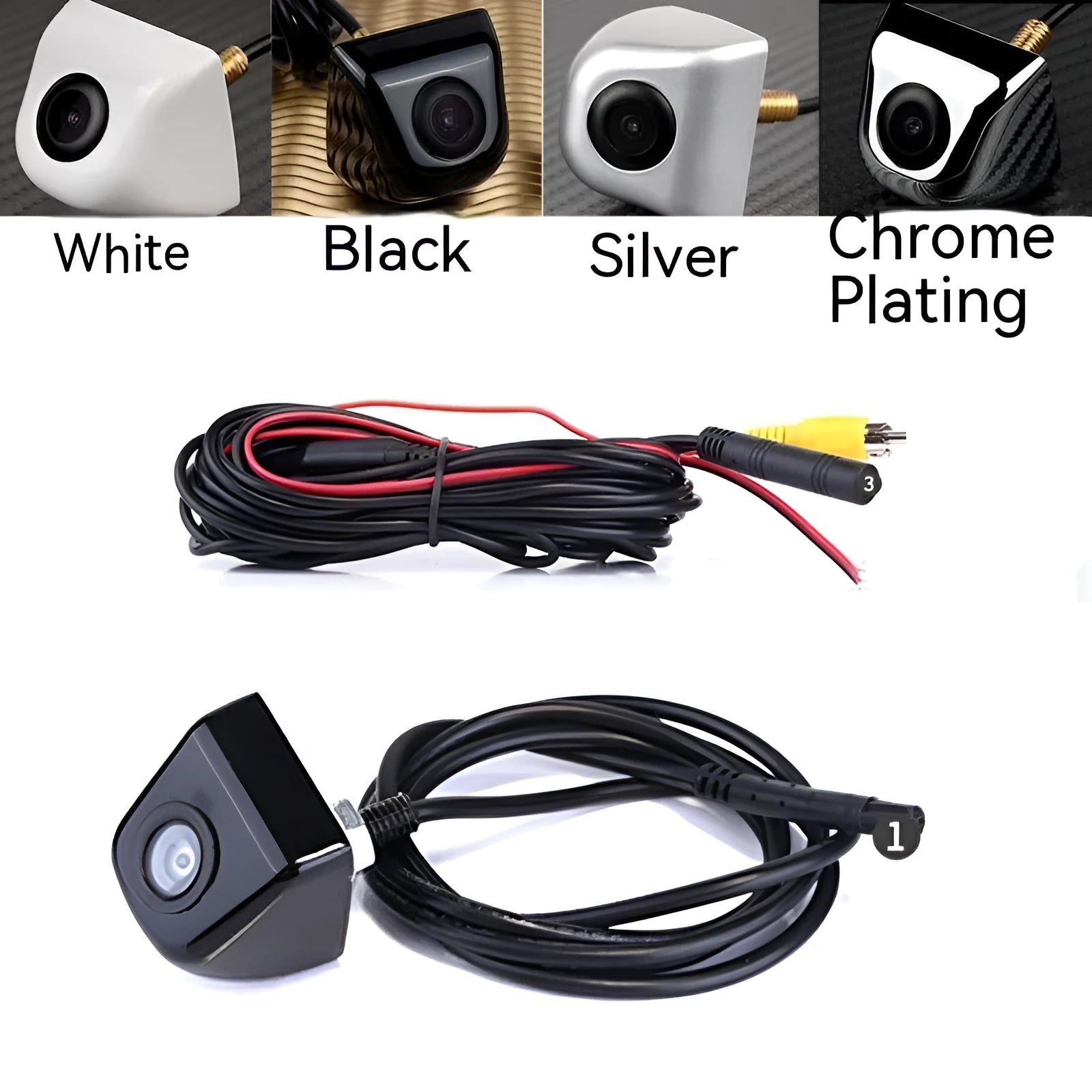 HD car reverse parking camera with metal shell and night vision, shown with integrated cable.