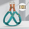 Brown vest style dog leash with anti-loss clip shown on a dog, with adjustable straps and alloy fastener.