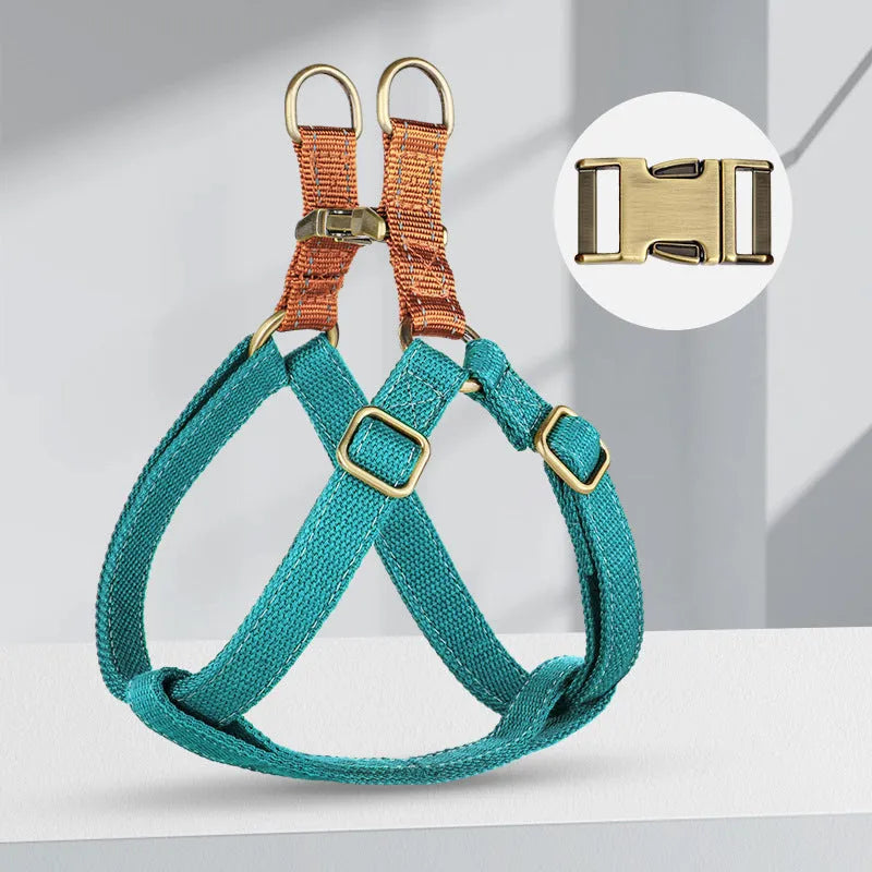 Brown vest style dog leash with anti-loss clip shown on a dog, with adjustable straps and alloy fastener.