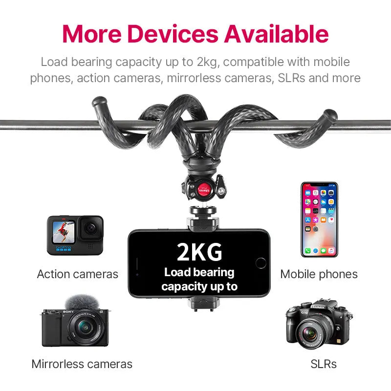 Black octopus-style flexible phone tripod with mobile clip on aluminium stand
