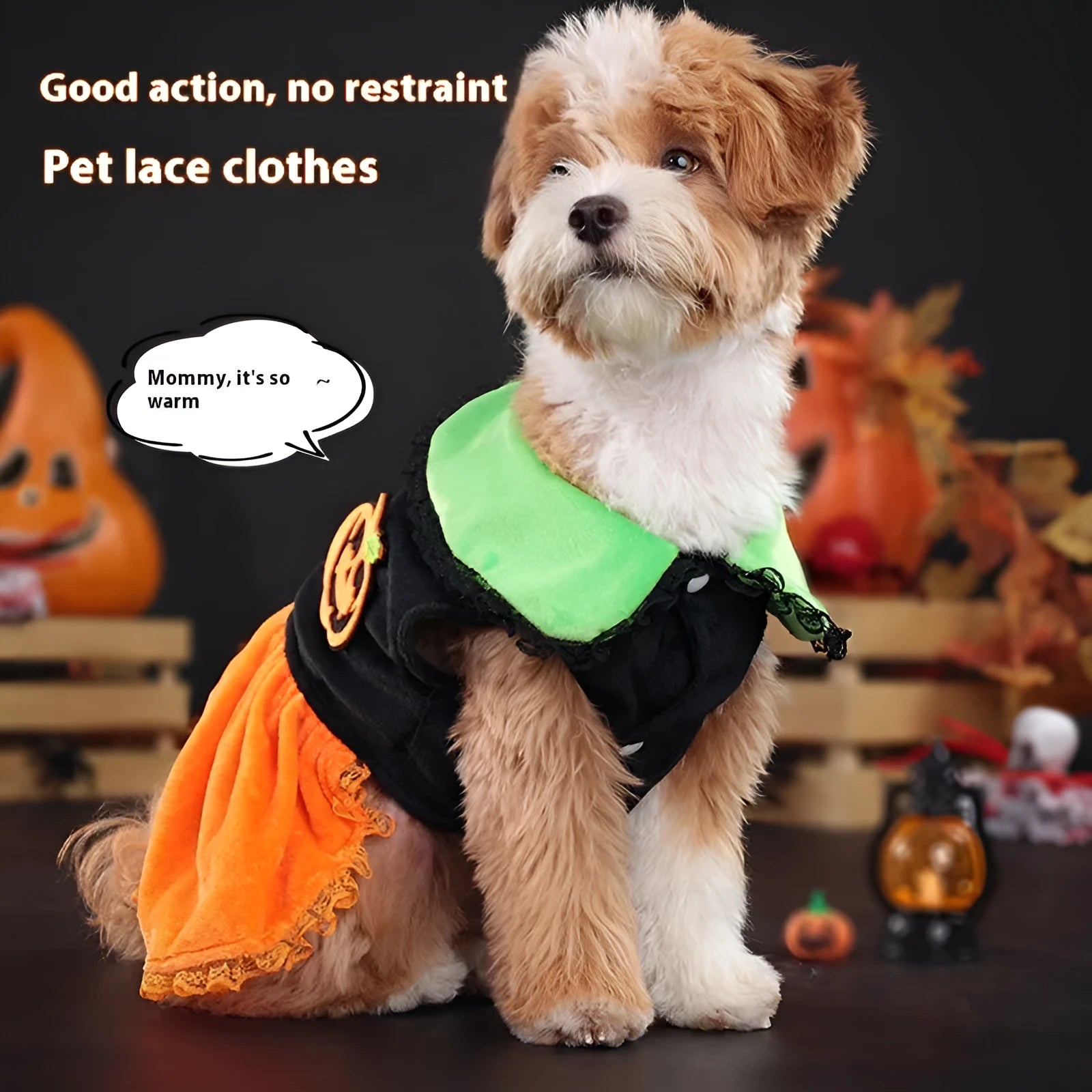 Orange Halloween pumpkin skirt pet costume for small dogs made from crystal velvet fabric