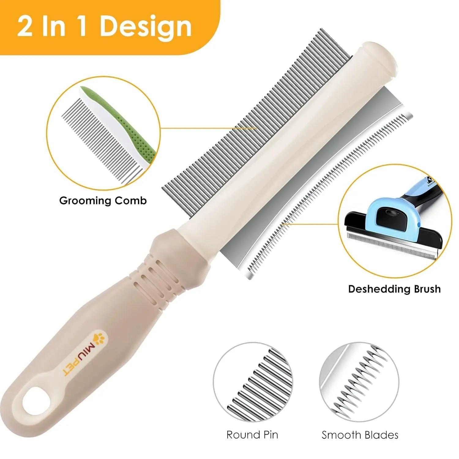 White double sided dog and cat deshedding brush with curved comb and ergonomic handle.