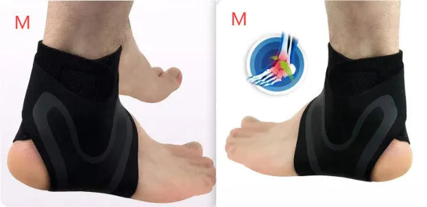 Adult ankle support brace for sports, shown in right and left foot versions with size indicators M, L, XL.