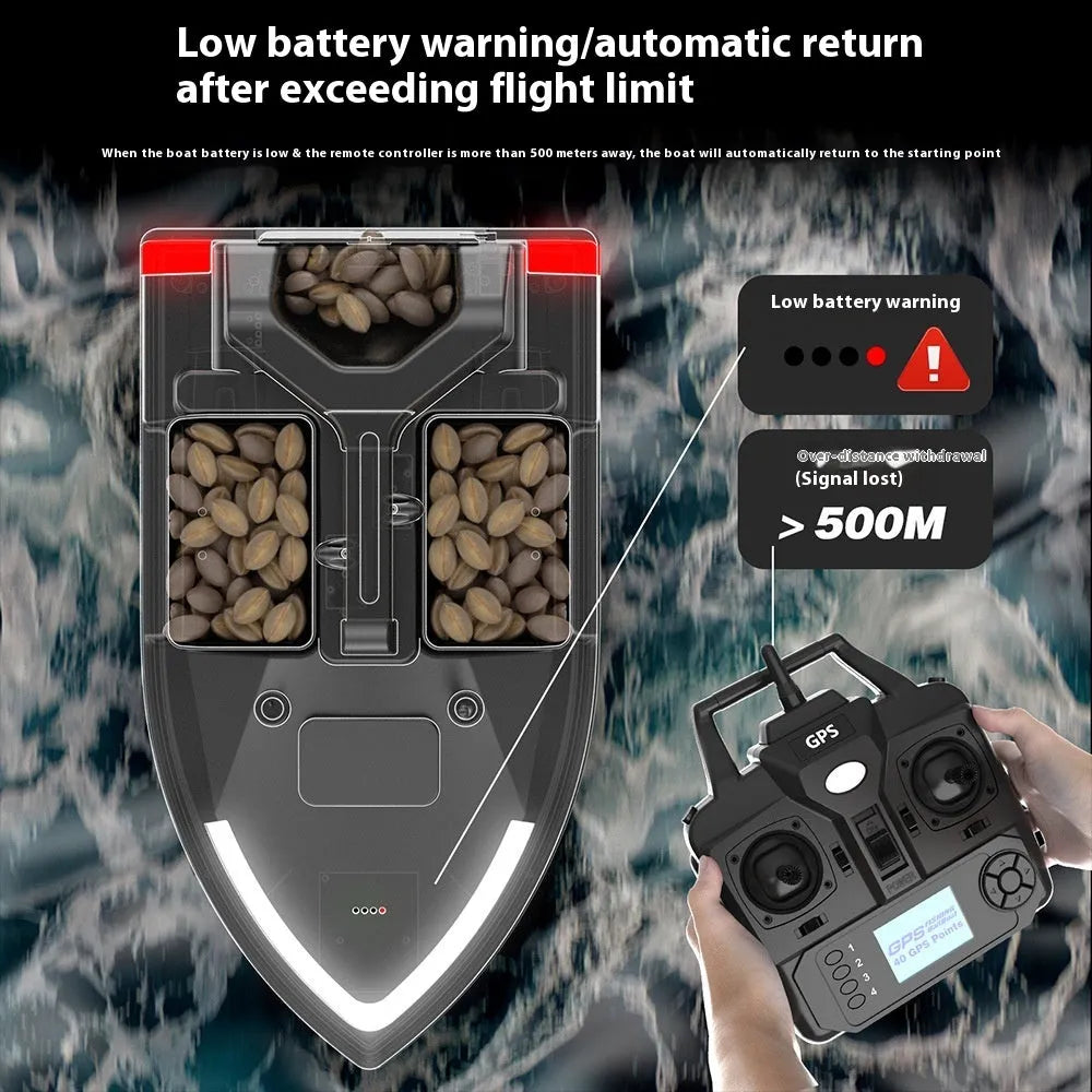 Black remote control GPS fishing boat with LED light on deck, shown with remote control.