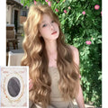 Linen brown medium long curly high temperature fibre wig with hair net on display