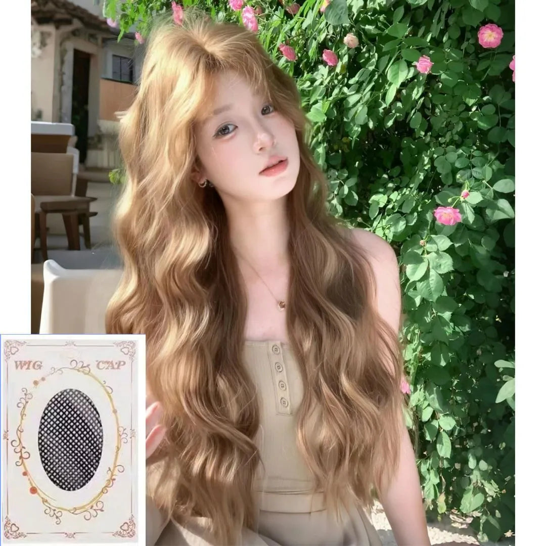 Linen brown medium long curly high temperature fibre wig with hair net on display