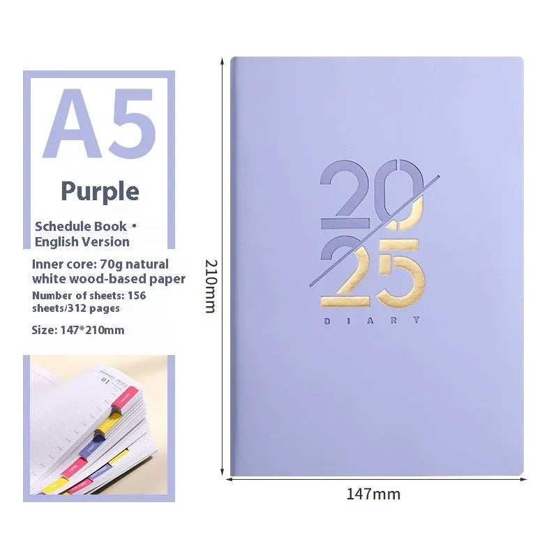 A5 2025 daily schedule book with faux leather cover in blue colour, open to show lined pages and thread binding.