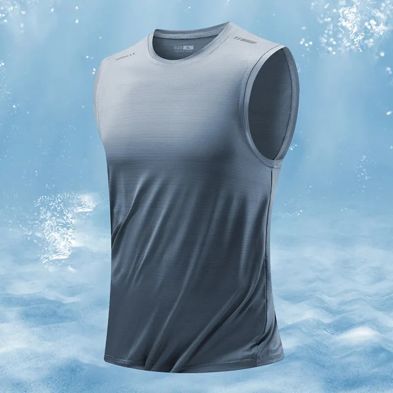 Man wearing a loose-fit grey sleeveless bamboo blend sports waistcoat, straight hem.