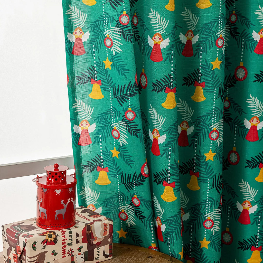 Green Christmas curtain with printed cartoon snowman and angel pattern, American style design