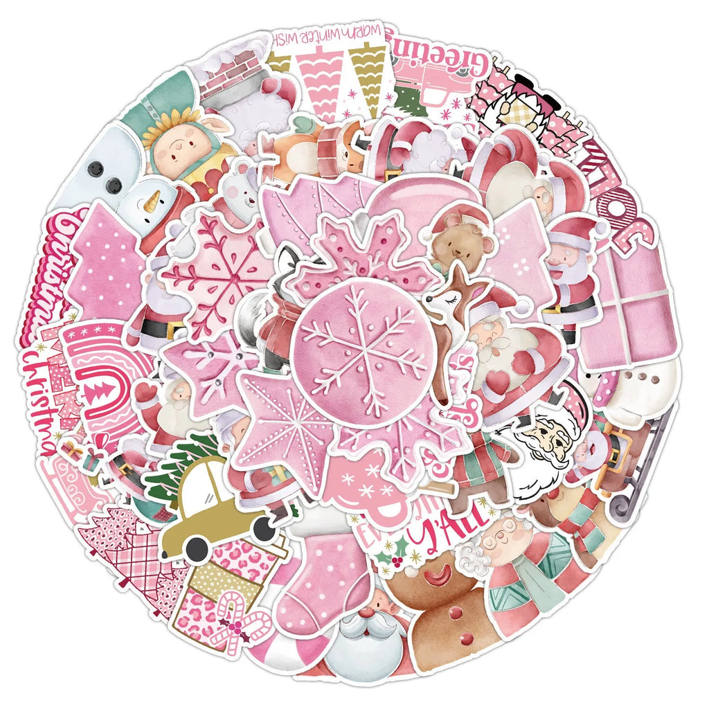 Pack of 50 cute Christmas-themed waterproof vinyl stickers for decorating cars, phones, and computers.