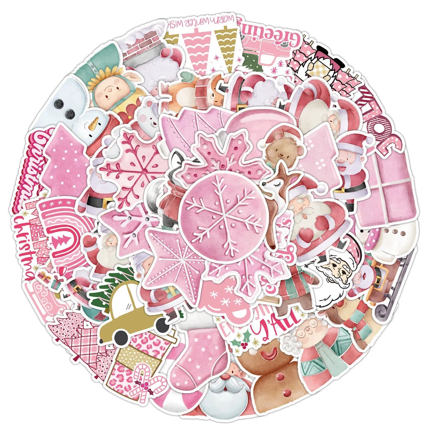 Pack of 50 cute Christmas-themed waterproof vinyl stickers for decorating cars, phones, and computers.