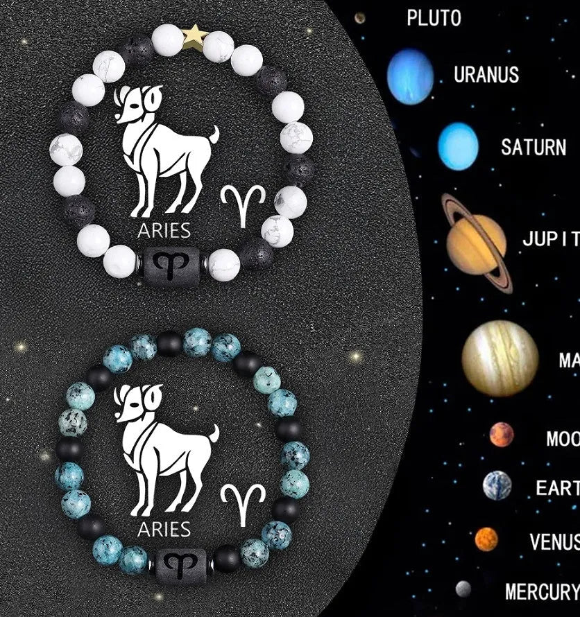 Set of twelve natural stone zodiac sign bracelets with elastic closures arranged in circle