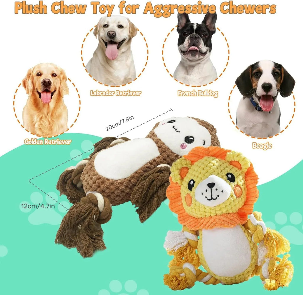 Lion and monkey plush squeaky dog toys for medium large breeds showing size comparison
