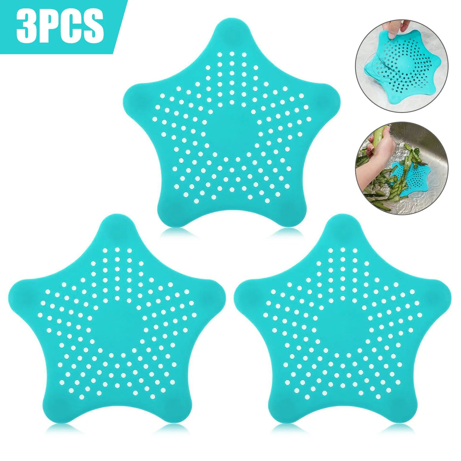 Three silicone starfish sink drain strainers in white, blue, and green with suction cups on bottom
