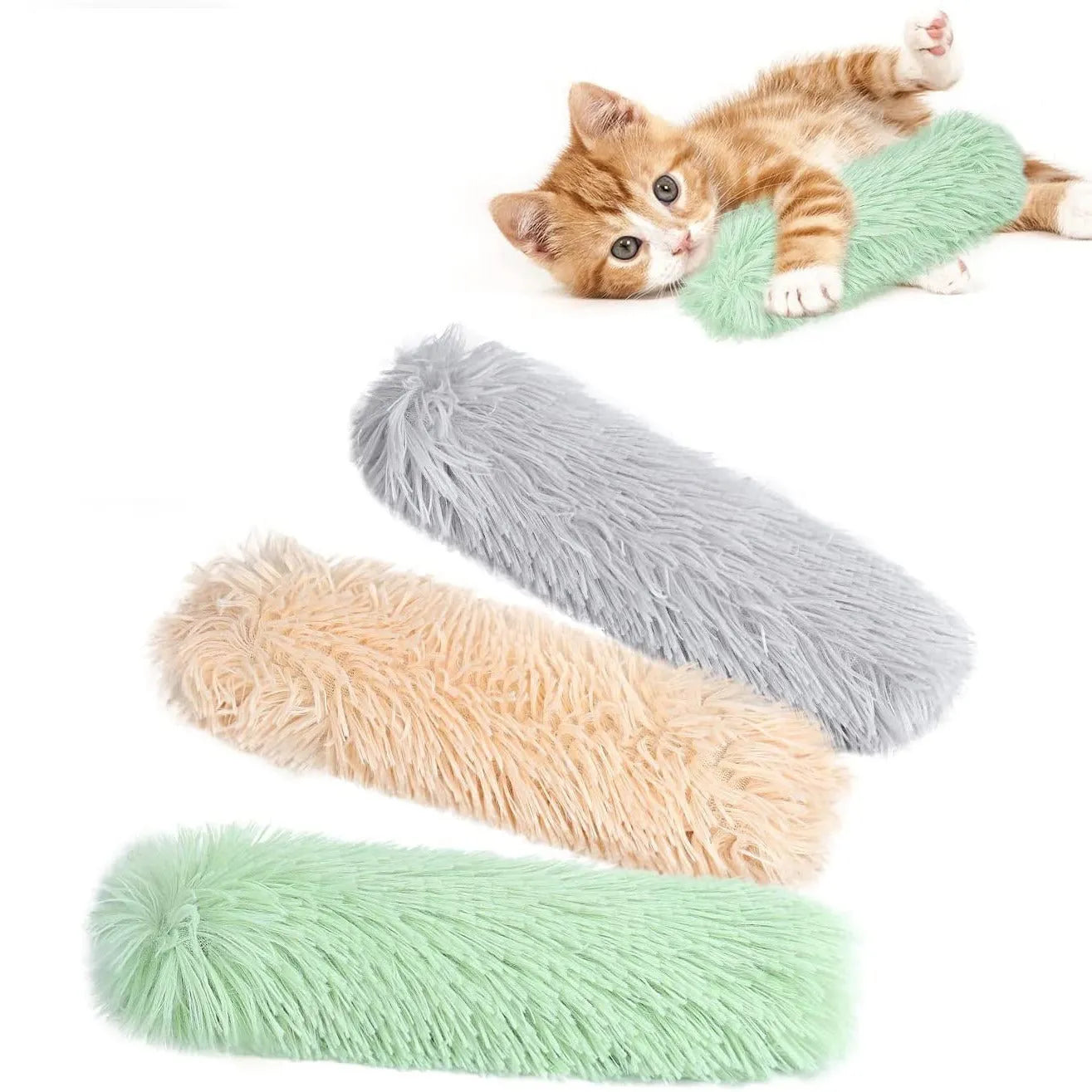 Plush cat toy pillow with squeaker in blue, green, pink, or white colours measuring 27cm by 10cm
