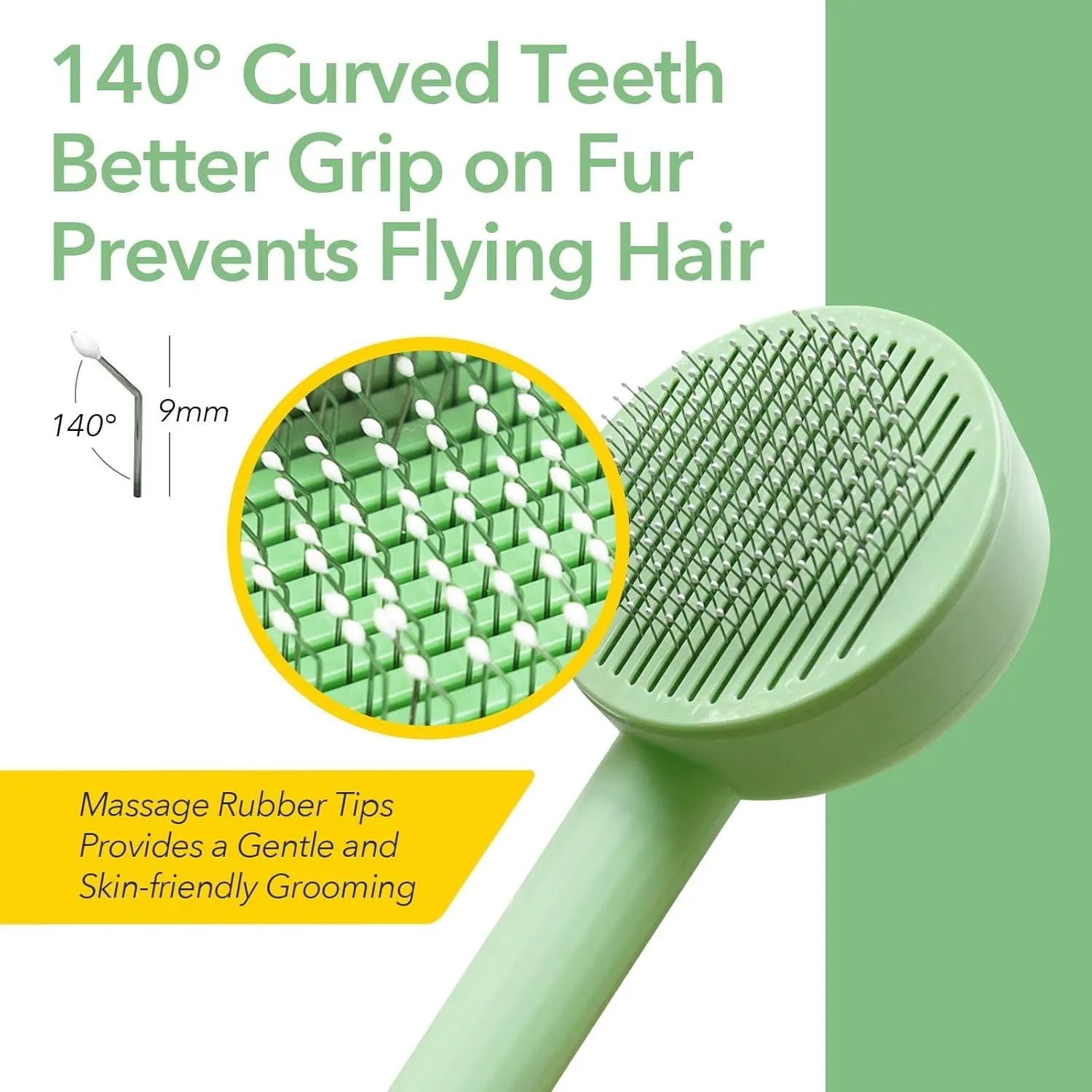 Green and yellow pet grooming brush with stainless steel teeth for cats and dogs