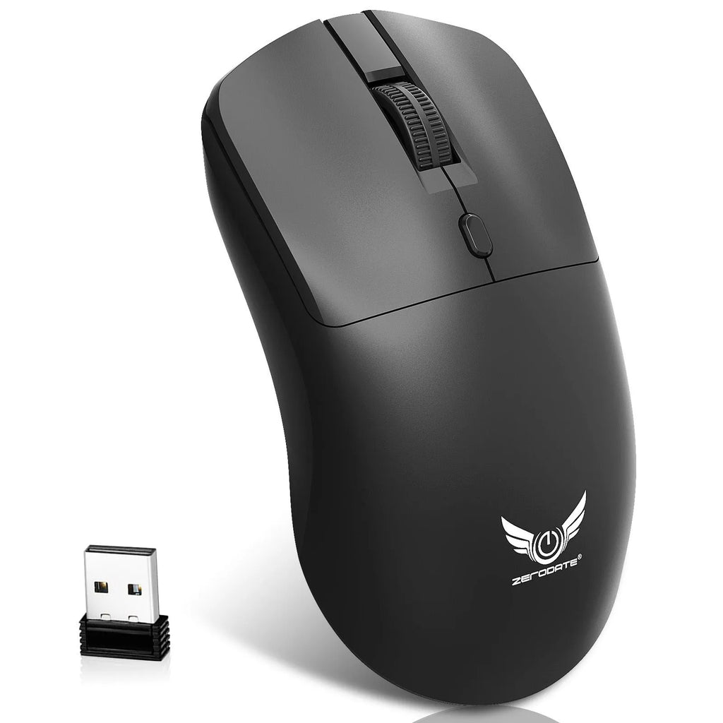 Black wireless mouse with three side buttons on a desk next to a laptop