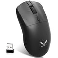 Black wireless mouse with three side buttons on a desk next to a laptop