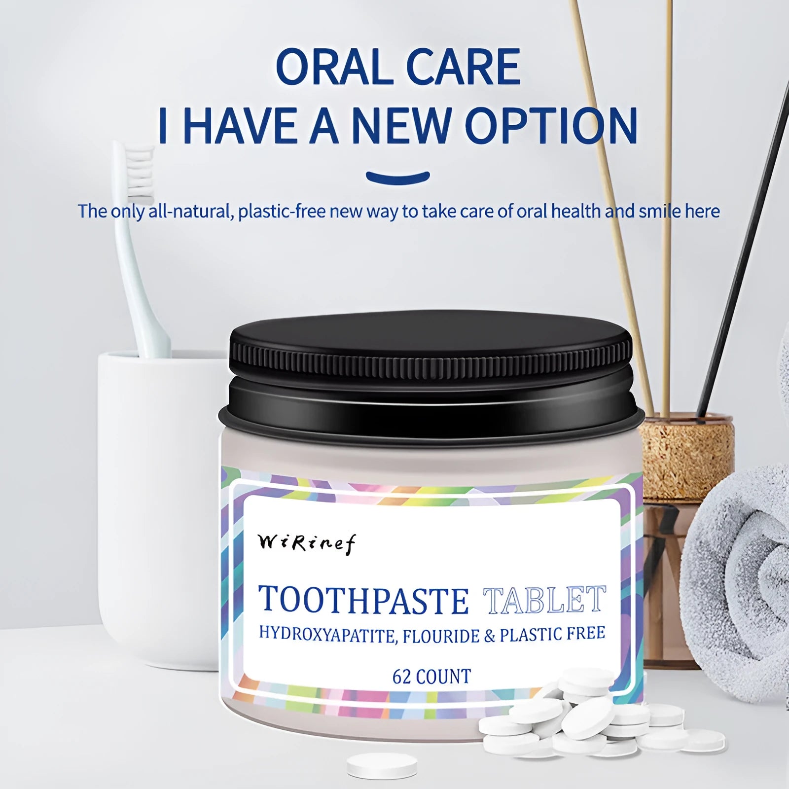 62-piece portable toothpaste tablets in solid chewable form for dental hygiene