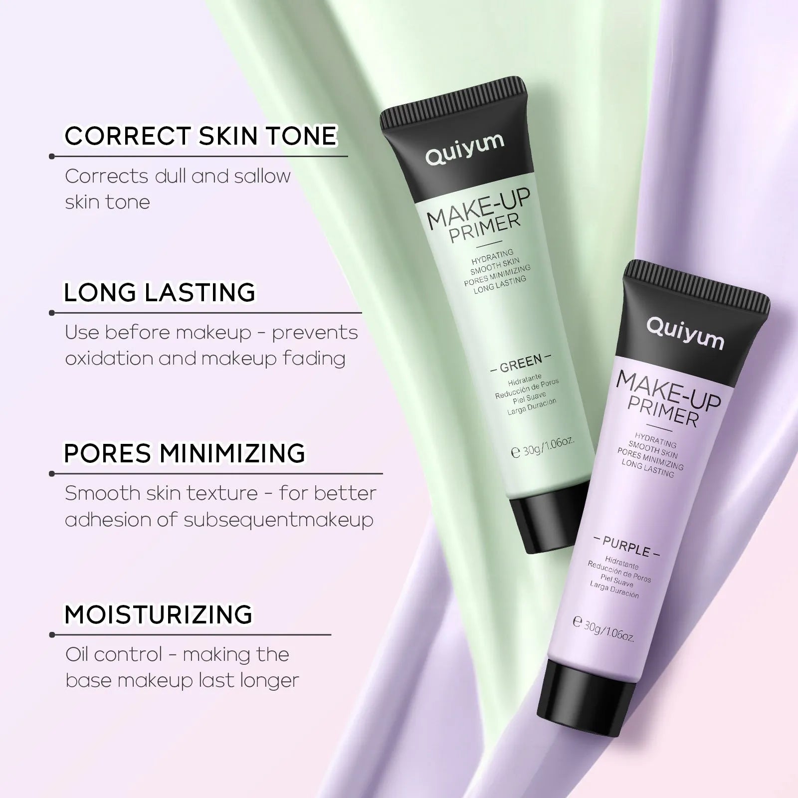 30g tube of colour-correcting moisturising face primer in green, pink, and purple shades.
