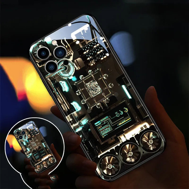 Clear tempered glass Xpress 14 iPhone case with illuminated lightning diamond pattern on a table