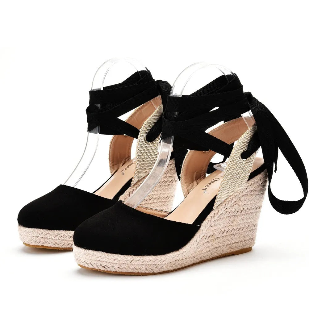 Women's apricot wedge sandals with beaded tassel buckle, Fish Mouth toe, and embossed artificial PU upper.