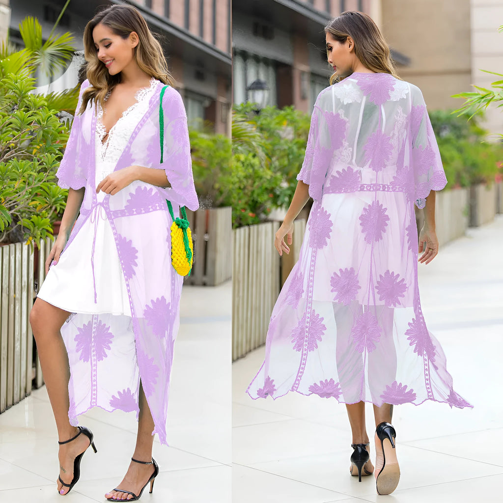 Light purple cotton beach dress with lace embroidery details, swimsuit cover-up for women