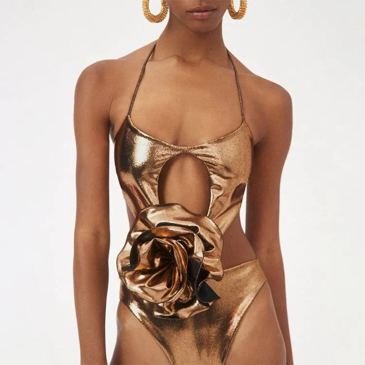 Gold handmade flower halter hollow out one piece swimsuit with tight fit