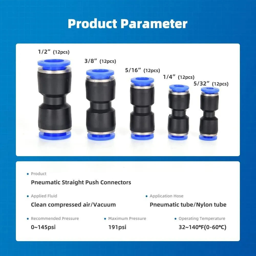 60 piece pneumatic push-in connector set with R1/4 and R1/2 alloy plastic adapters