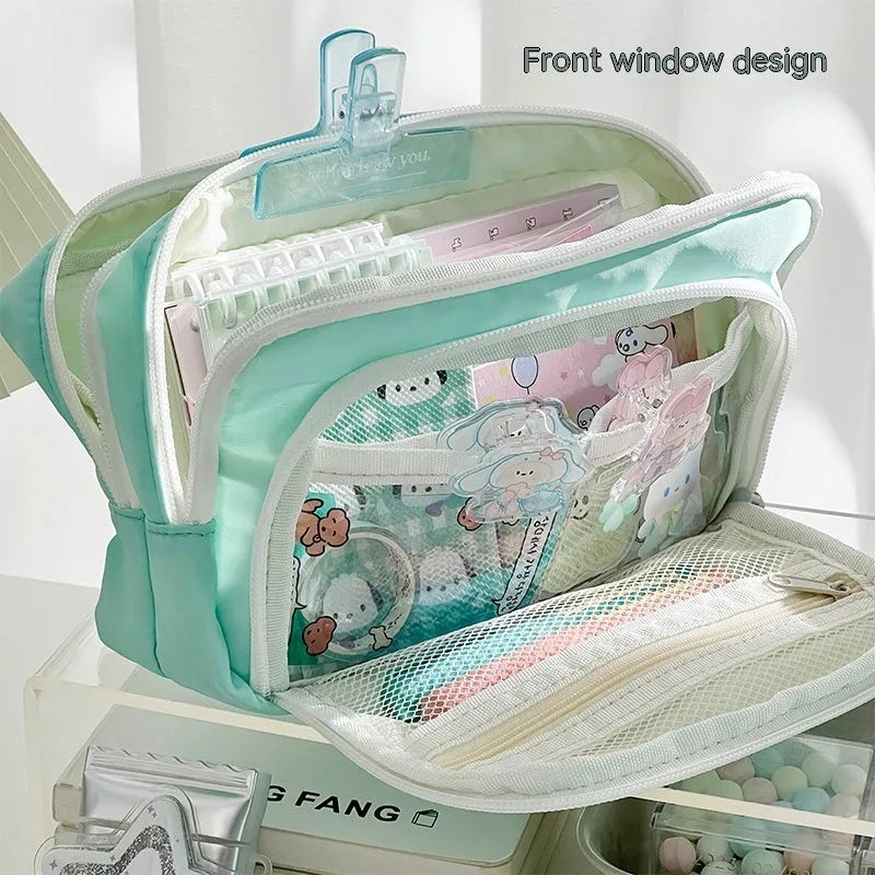 Double-layer pencil case in blue with gift handle, showing high-capacity storage for exam stationery