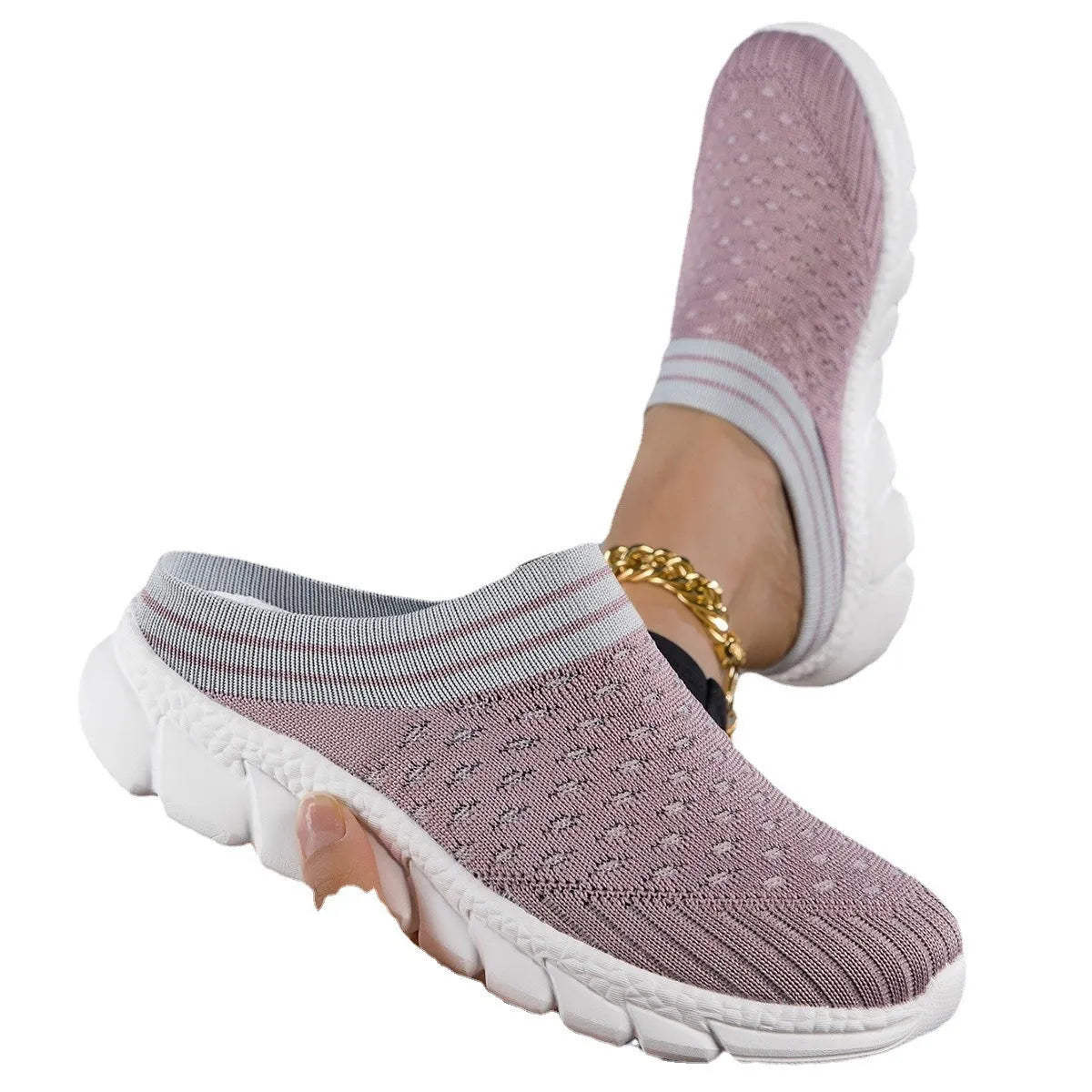 Women's striped Flyknit sports slipper in black with hollowed-out design and height-increasing sole.